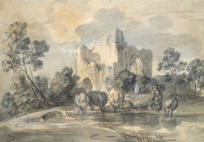 Paesaggio con un castello in rovina e bestiame presso una pozza da Thomas Gainsborough